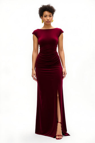 Burgundy Cap Sleeves Boat Neck Long Holiday Party Dress with Slit