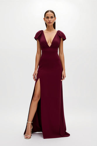 Burgundy V-Neck Sheath Long Holiday Party Dress with Slit
