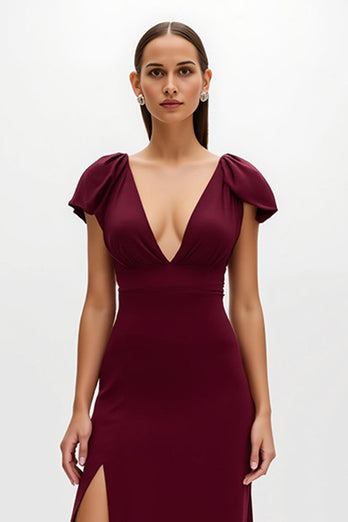 Burgundy V-Neck Sheath Long Holiday Party Dress with Slit