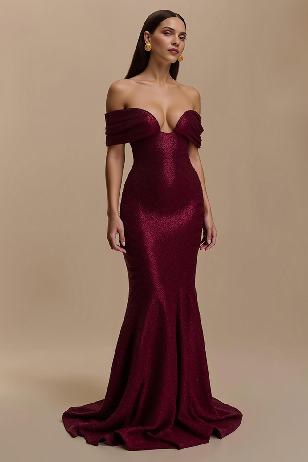 Burgundy Off the Shoulder Mermaid Long Holiday Party Dress