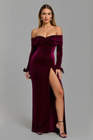 Load image into Gallery viewer, Burgundy Long Sleeves Off the Shoulder Holiday Party Dress with Slit