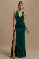 Load image into Gallery viewer, Simple Dark Green Long V-Neck Holiday Party Dress with Slit