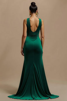 Simple Dark Green Long V-Neck Holiday Party Dress with Slit