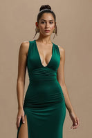 Load image into Gallery viewer, Simple Dark Green Long V-Neck Holiday Party Dress with Slit
