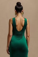 Load image into Gallery viewer, Simple Dark Green Long V-Neck Holiday Party Dress with Slit