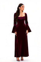 Load image into Gallery viewer, Burgundy Scoop Neck Sheath Long Holiday Party Dress with Sleeves