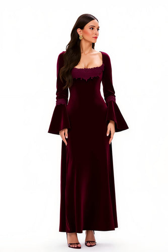 Burgundy Scoop Neck Sheath Long Holiday Party Dress with Sleeves