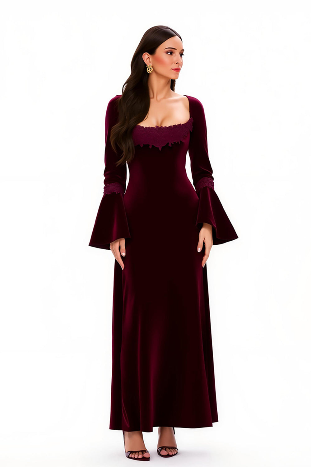 Burgundy Scoop Neck Sheath Long Holiday Party Dress with Sleeves