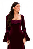 Load image into Gallery viewer, Burgundy Scoop Neck Sheath Long Holiday Party Dress with Sleeves