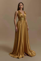Load image into Gallery viewer, Simple Golden Backless V-Neck Long Holiday Party Dress