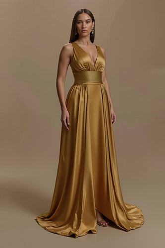 Simple Golden Backless V-Neck Long Holiday Party Dress