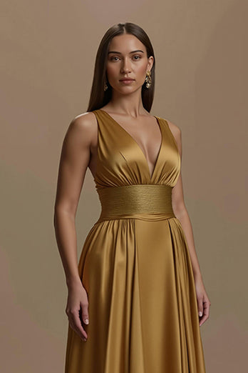 Simple Golden Backless V-Neck Long Holiday Party Dress