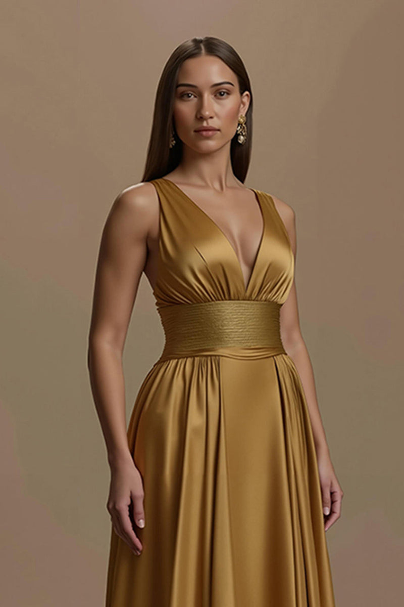 Load image into Gallery viewer, Simple Golden Backless V-Neck Long Holiday Party Dress