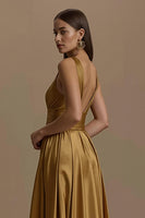 Load image into Gallery viewer, Simple Golden Backless V-Neck Long Holiday Party Dress
