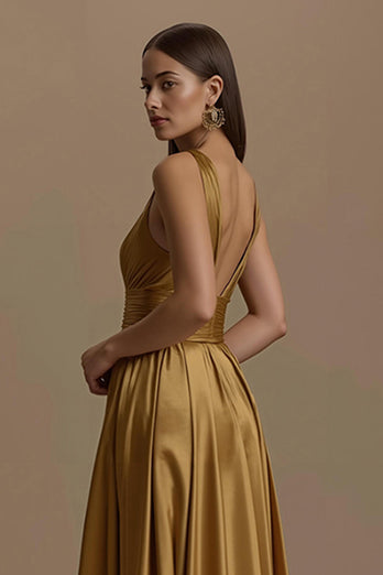 Simple Golden Backless V-Neck Long Holiday Party Dress