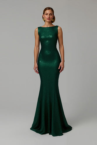 Sparkly Dark Green Mermaid Bateau Neck Long Holiday Party Dress