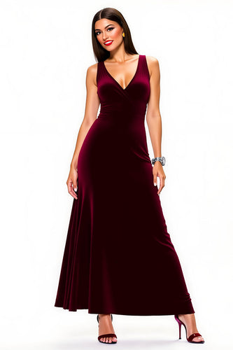 Simple Burgundy V-Neck Backless Long Holiday Party Dress