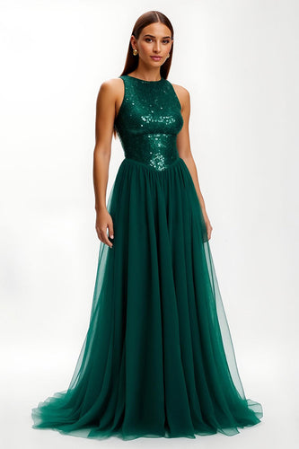 Sparkly Dark Green Long Round Neck Holiday Party Dress with Sequins
