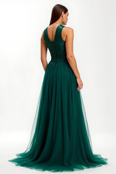 Sparkly Dark Green Long Round Neck Holiday Party Dress with Sequins