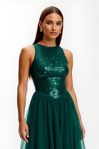 Sparkly Dark Green Long Round Neck Holiday Party Dress with Sequins