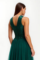 Load image into Gallery viewer, Sparkly Dark Green Long Round Neck Holiday Party Dress with Sequins