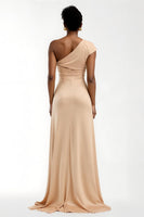 Load image into Gallery viewer, Champagne One Shoulder Sheath Long Holiday Party Dress