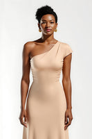 Load image into Gallery viewer, Champagne One Shoulder Sheath Long Holiday Party Dress