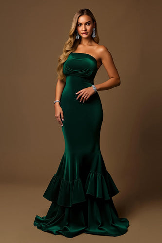 Dark Green Mermaid Strapless Tiered Long Holiday Party Dress