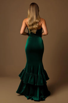 Dark Green Mermaid Strapless Tiered Long Holiday Party Dress