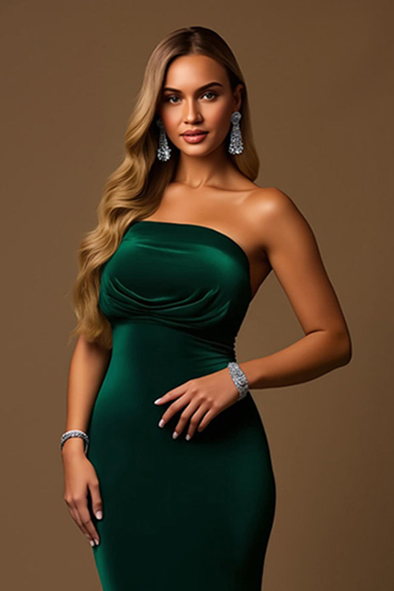 Load image into Gallery viewer, Dark Green Mermaid Strapless Tiered Long Holiday Party Dress
