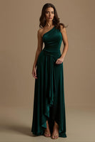 Load image into Gallery viewer, Dark Green One Shoulder Sheath High-Low Holiday Party Dress
