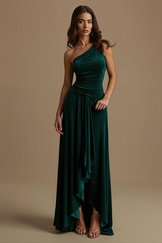 Dark Green One Shoulder Sheath High-Low Holiday Party Dress