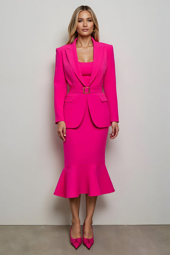 2 Piece Fuchsia Peak Lapel Midi Women Prom Suits with Belts