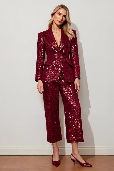2 Piece Sparkly Burgundy Sequins Women Prom Suits