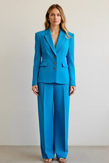 2 Piece Blue Satin Notched Lapel Women Prom Suits