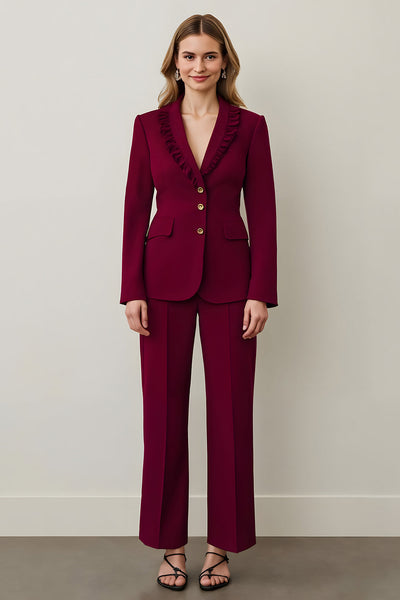 2 Piece Burgundy Shawl Lapel Women Prom Suits with Ruffles