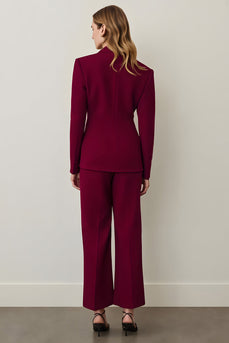 2 Piece Burgundy Shawl Lapel Women Prom Suits with Ruffles