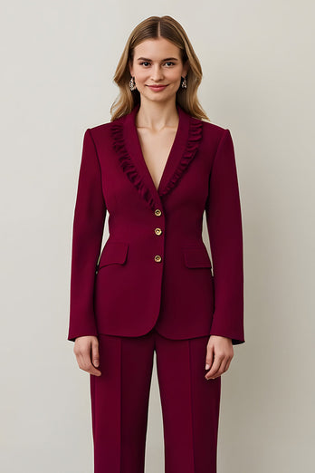 2 Piece Burgundy Shawl Lapel Women Prom Suits with Ruffles