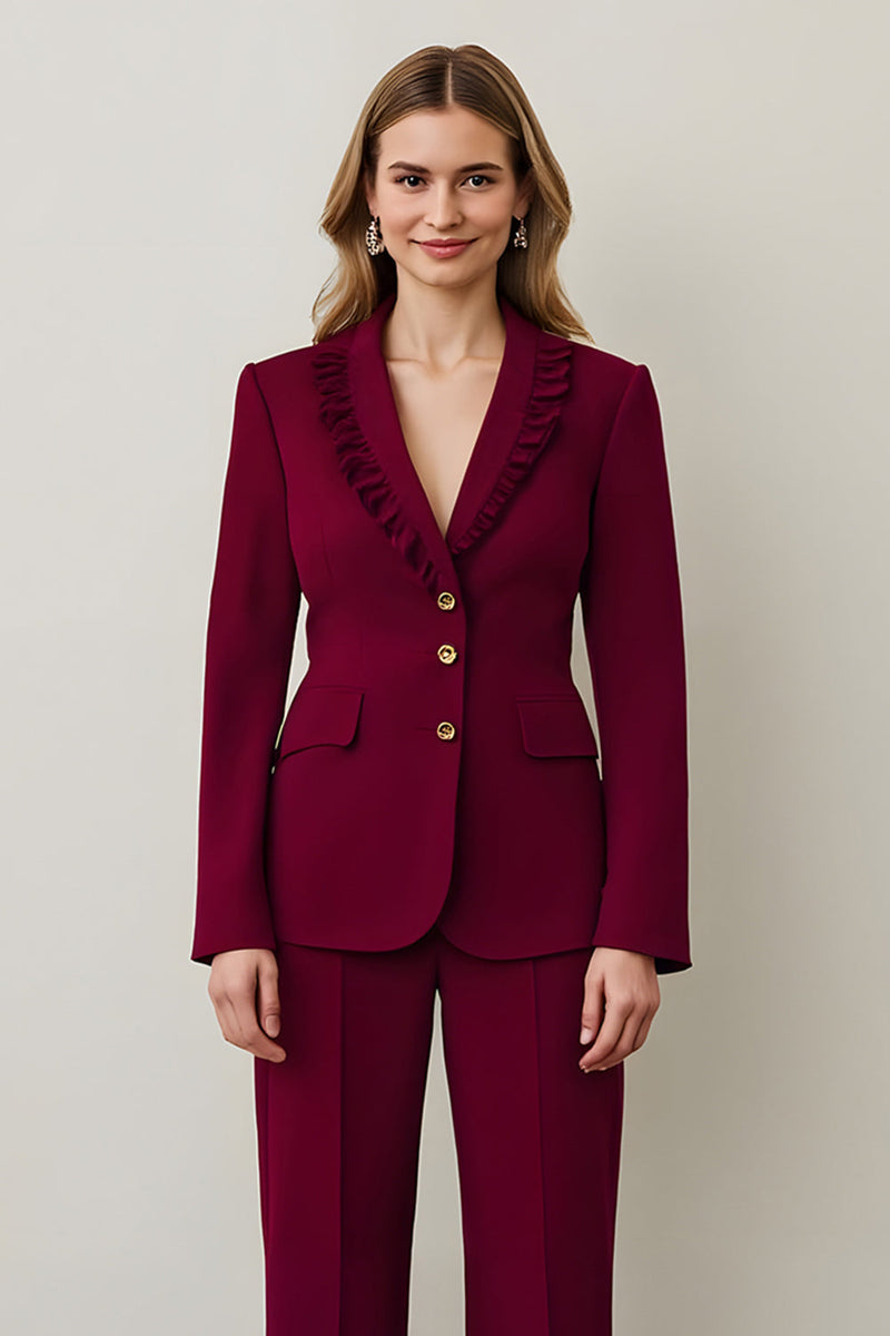 Load image into Gallery viewer, 2 Piece Burgundy Shawl Lapel Women Prom Suits with Ruffles