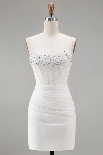 White Bodycon Sweetheart Short Beaded Prom Dress