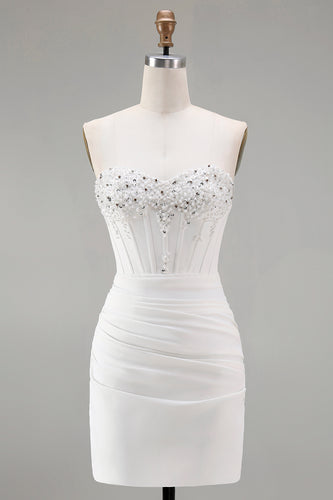 White Sweetheart Short Bodycon Beaded Prom Dress