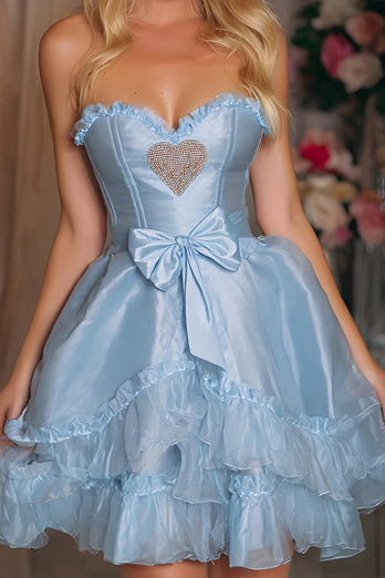 Blue Satin Tiered A-Line Short Corset Prom Dress