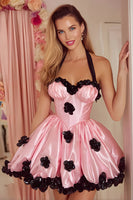 Load image into Gallery viewer, Women Pink Satin Short Corset Prom Dress A-Line Halter Neck Floral Cocktail Dress