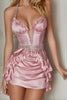 Load image into Gallery viewer, Sparkly Pink Halter Neck Satin Short Corset Prom Dress with Beading
