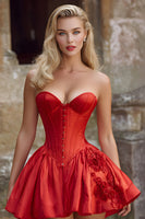 Load image into Gallery viewer, Red Floral Satin Sweetheart Short Corset Prom Dress