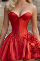 Load image into Gallery viewer, Red Floral Satin Sweetheart Short Corset Prom Dress