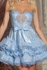 Load image into Gallery viewer, Sparkly Blue Sweetheart Ruffled Satin Short Tiered Prom Dress with Bow