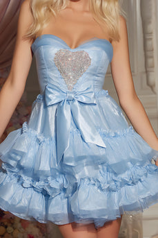 Sparkly Blue Sweetheart Ruffled Satin Short Tiered Prom Dress with Bow