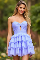 Load image into Gallery viewer, Lilac Tiered Keyhole Strapless Short Prom Dress with Ruffles