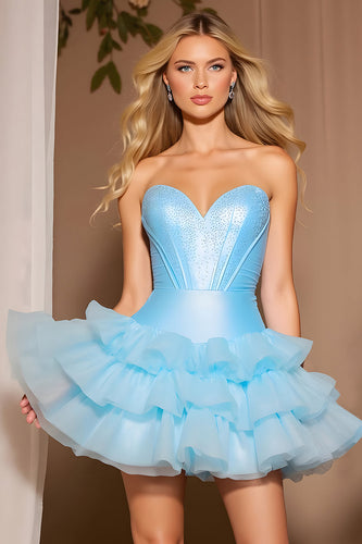 Sparkly Blue Tiered Short Corset Prom Dress with Beading